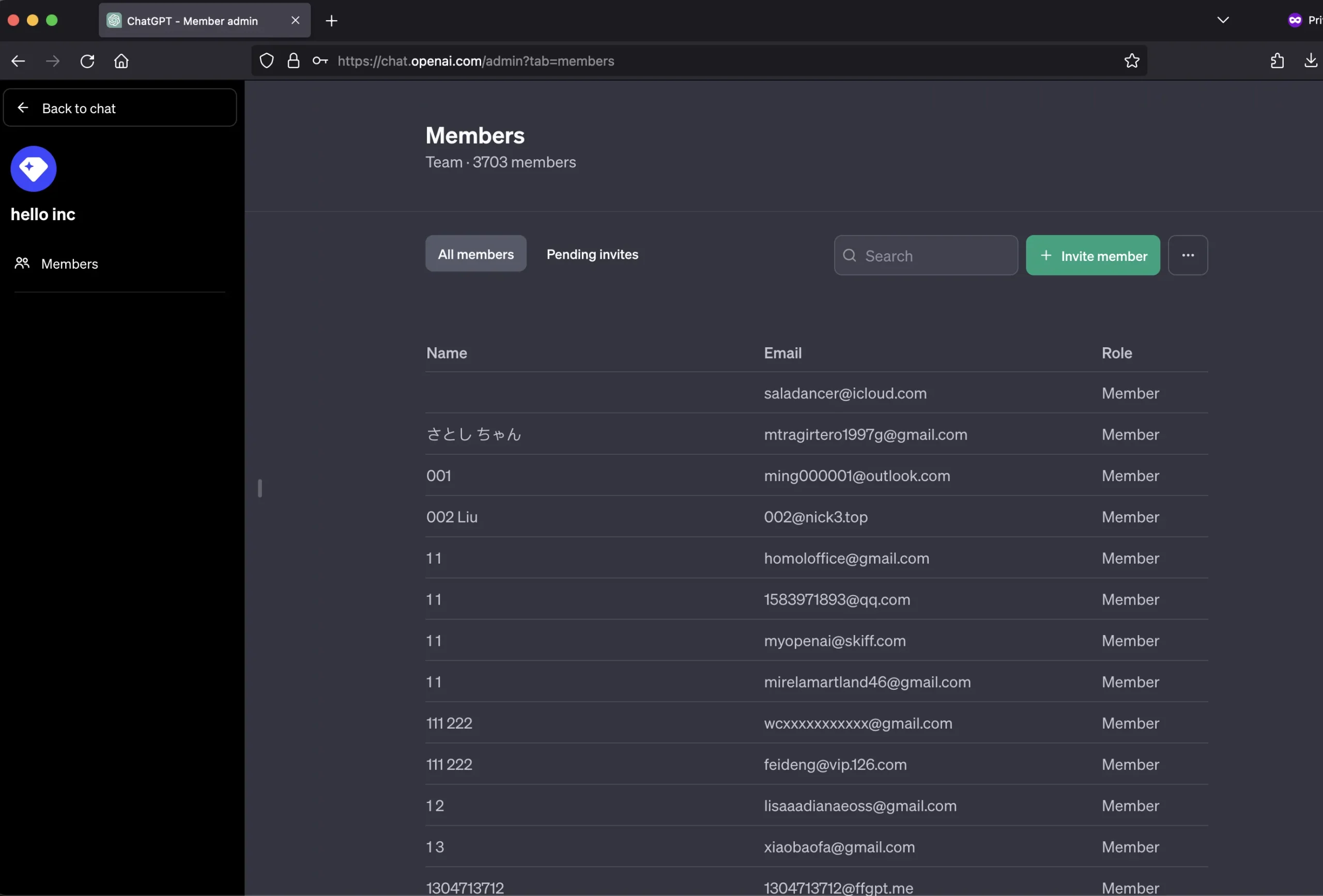 ChatGPT Business 工作空间成员列表界面示意
